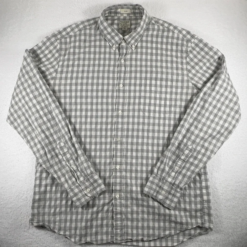 J.Crew Stretch Button Down Shirt Men's XL‎ Slim Untucked Plaid Gray White Cotton